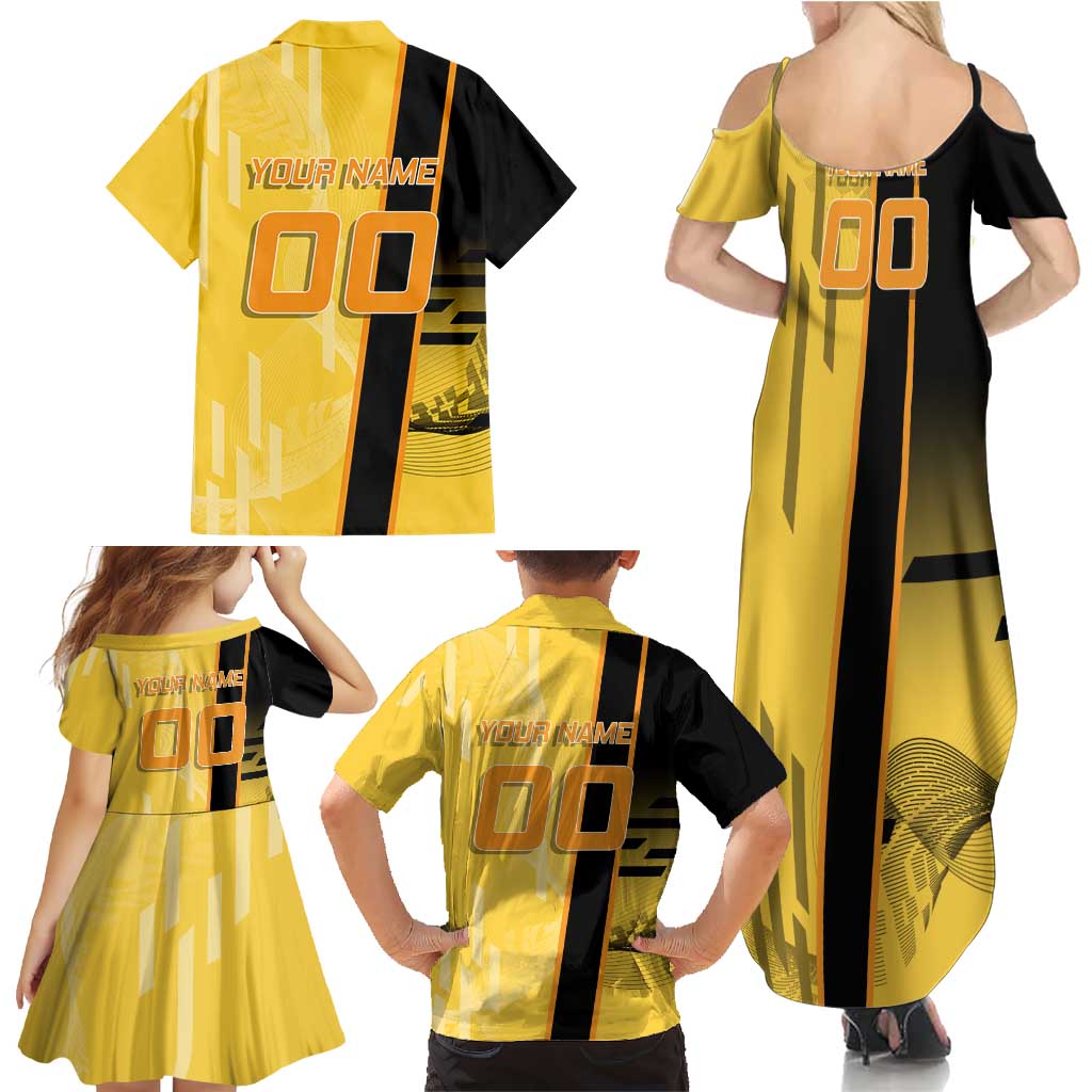 Personalized Zenitsu Agatsuki Demon Slayer Badminton Theme Family Matching Summer Maxi Dress and Hawaiian Shirt with Racket Action Pose and Yellow Black Graphic Design