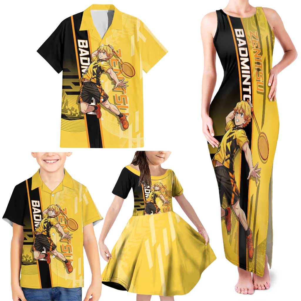 Personalized Zenitsu Agatsuki Demon Slayer Badminton Theme Family Matching Tank Maxi Dress and Hawaiian Shirt with Racket Action Pose and Yellow Black Graphic Design