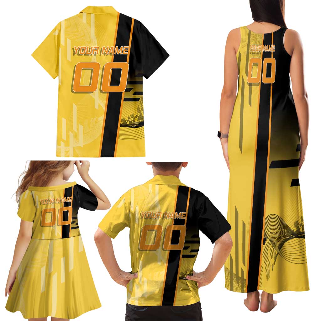 Personalized Zenitsu Agatsuki Demon Slayer Badminton Theme Family Matching Tank Maxi Dress and Hawaiian Shirt with Racket Action Pose and Yellow Black Graphic Design