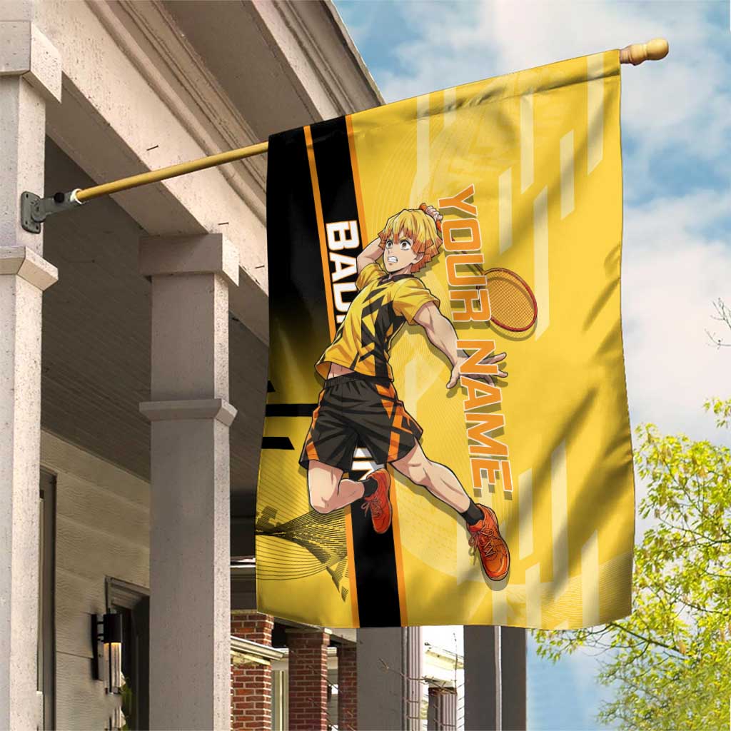 Personalized Zenitsu Agatsuki Demon Slayer Badminton Theme Garden Flag with Racket Action Pose and Yellow Black Graphic Design - The Mazicc