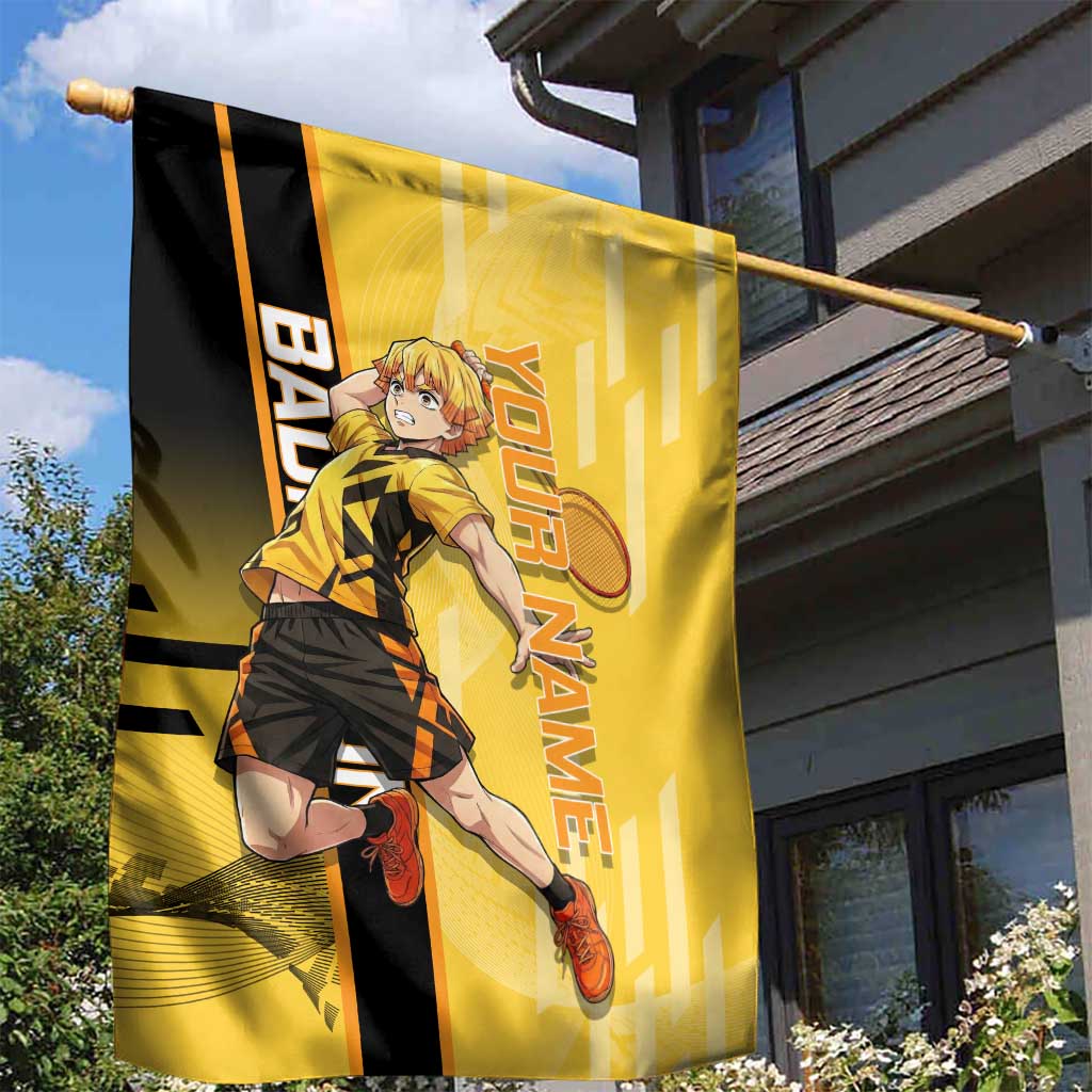 Personalized Zenitsu Agatsuki Demon Slayer Badminton Theme Garden Flag with Racket Action Pose and Yellow Black Graphic Design - The Mazicc