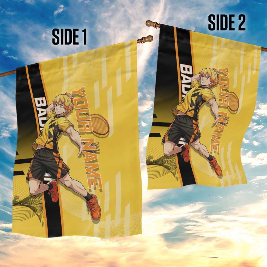 Personalized Zenitsu Agatsuki Demon Slayer Badminton Theme Garden Flag with Racket Action Pose and Yellow Black Graphic Design - The Mazicc