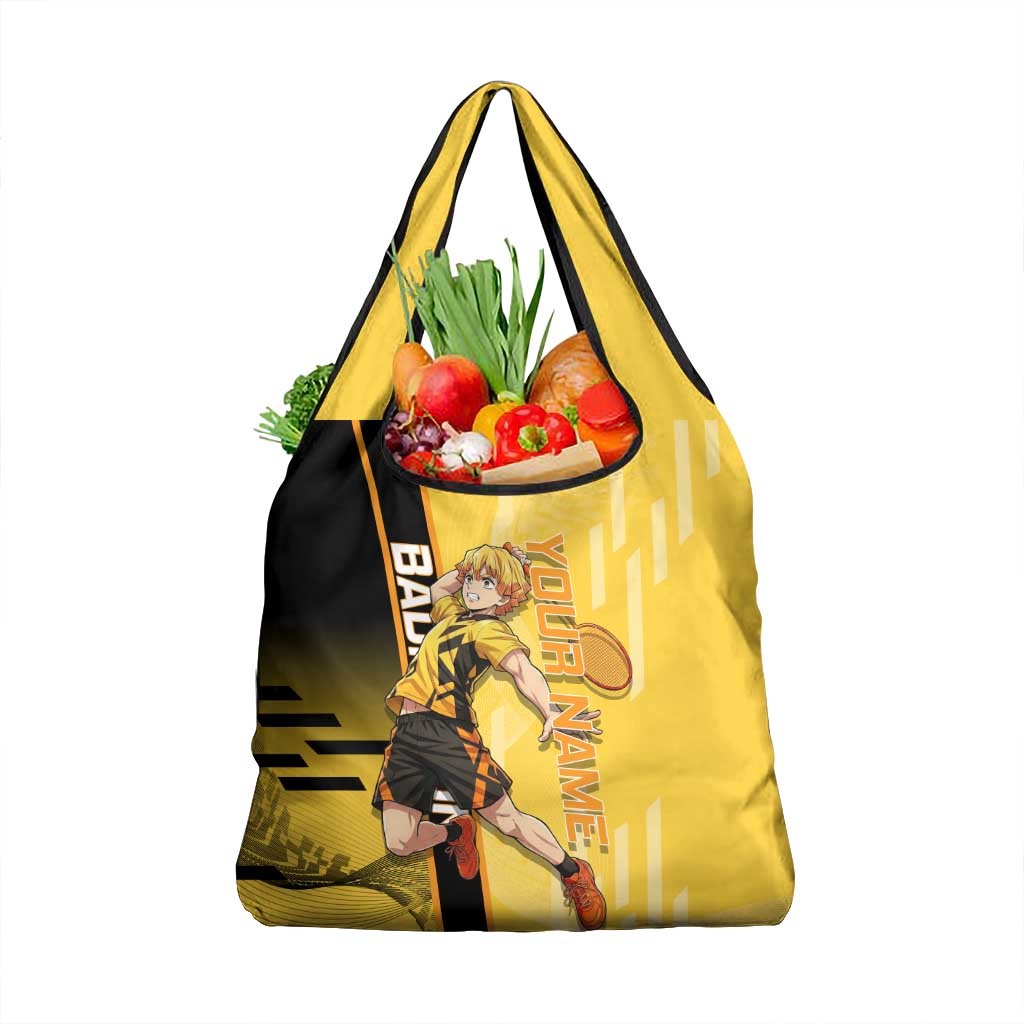 Personalized Zenitsu Agatsuki Demon Slayer Badminton Theme Grocery Bag with Racket Action Pose and Yellow Black Graphic Design - The Mazicc