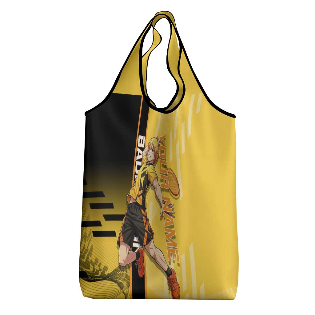 Personalized Zenitsu Agatsuki Demon Slayer Badminton Theme Grocery Bag with Racket Action Pose and Yellow Black Graphic Design - The Mazicc