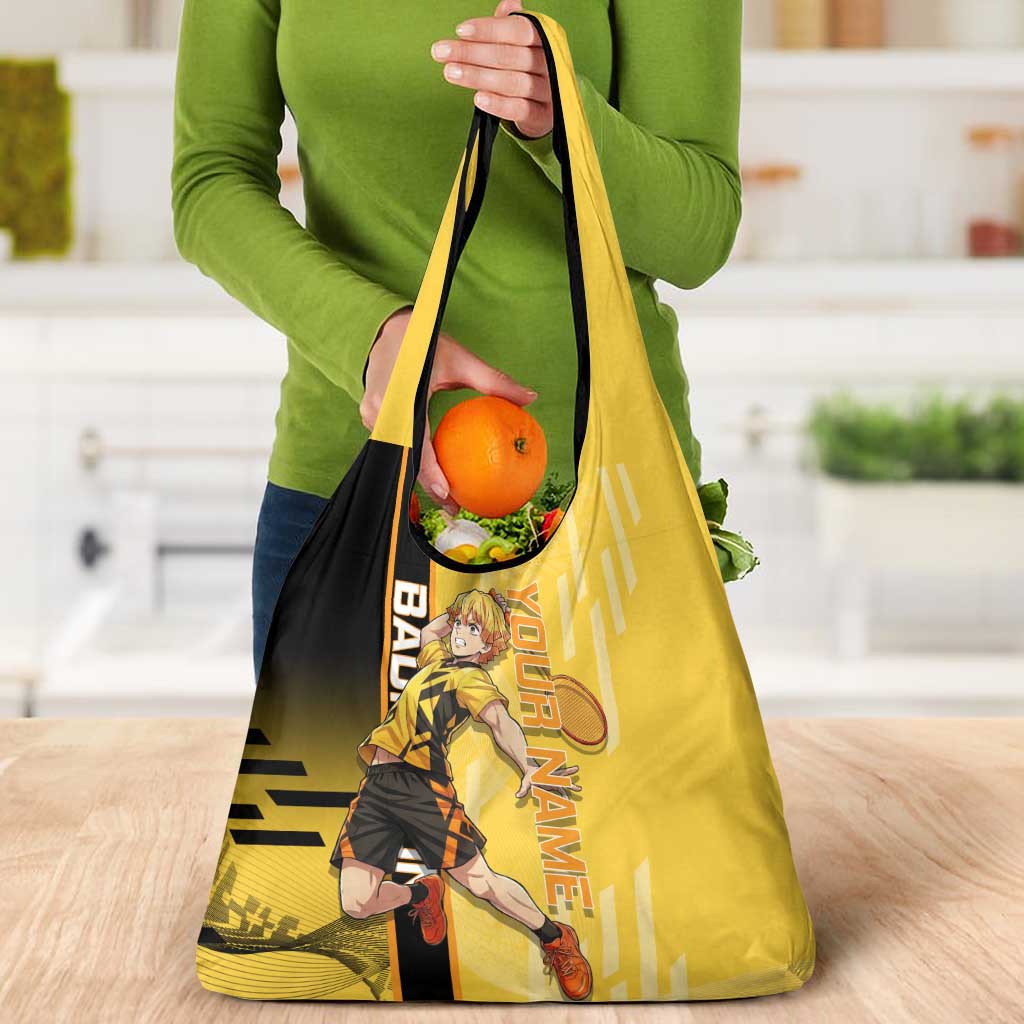 Personalized Zenitsu Agatsuki Demon Slayer Badminton Theme Grocery Bag with Racket Action Pose and Yellow Black Graphic Design - The Mazicc