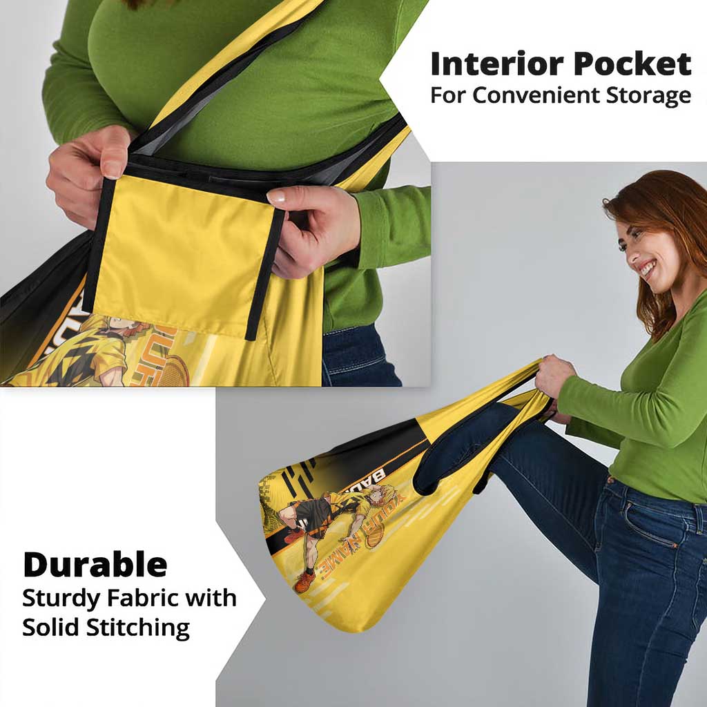 Personalized Zenitsu Agatsuki Demon Slayer Badminton Theme Grocery Bag with Racket Action Pose and Yellow Black Graphic Design - The Mazicc