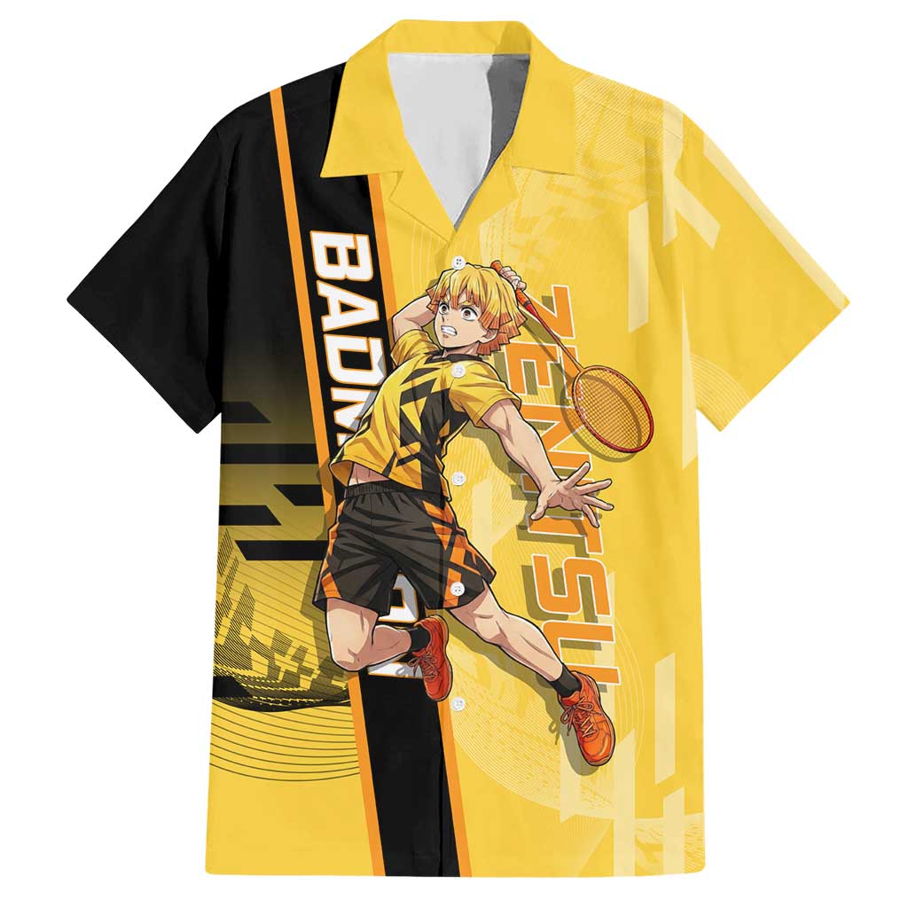 Personalized Zenitsu Agatsuki Demon Slayer Badminton Theme Hawaiian Shirt with Racket Action Pose and Yellow Black Graphic Design - The Mazicc