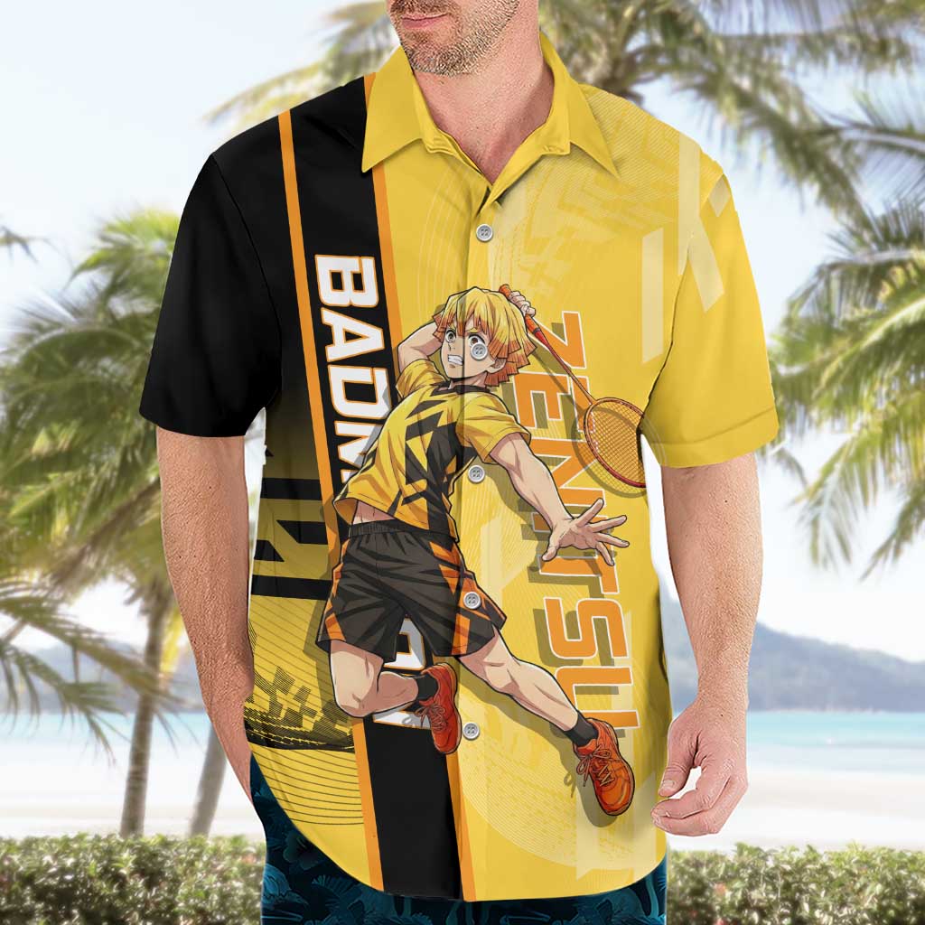 Personalized Zenitsu Agatsuki Demon Slayer Badminton Theme Hawaiian Shirt with Racket Action Pose and Yellow Black Graphic Design - The Mazicc