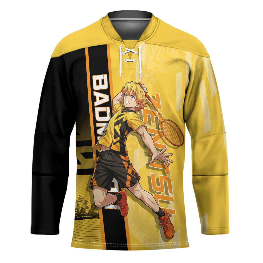 Personalized Zenitsu Agatsuki Demon Slayer Badminton Theme Hockey Jersey with Racket Action Pose and Yellow Black Graphic Design - The Mazicc