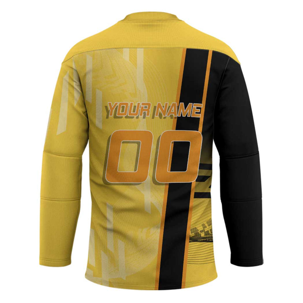 Personalized Zenitsu Agatsuki Demon Slayer Badminton Theme Hockey Jersey with Racket Action Pose and Yellow Black Graphic Design - The Mazicc