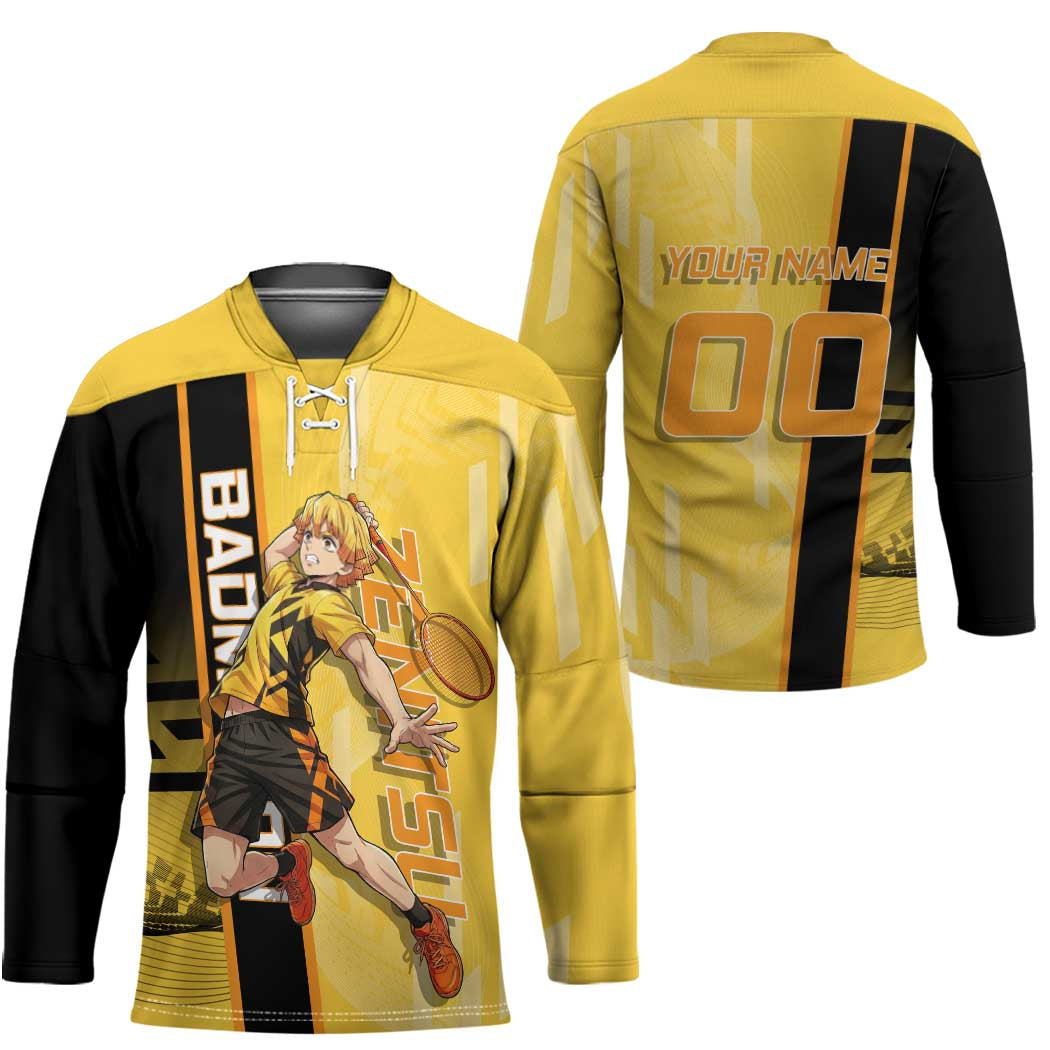Personalized Zenitsu Agatsuki Demon Slayer Badminton Theme Hockey Jersey with Racket Action Pose and Yellow Black Graphic Design - The Mazicc