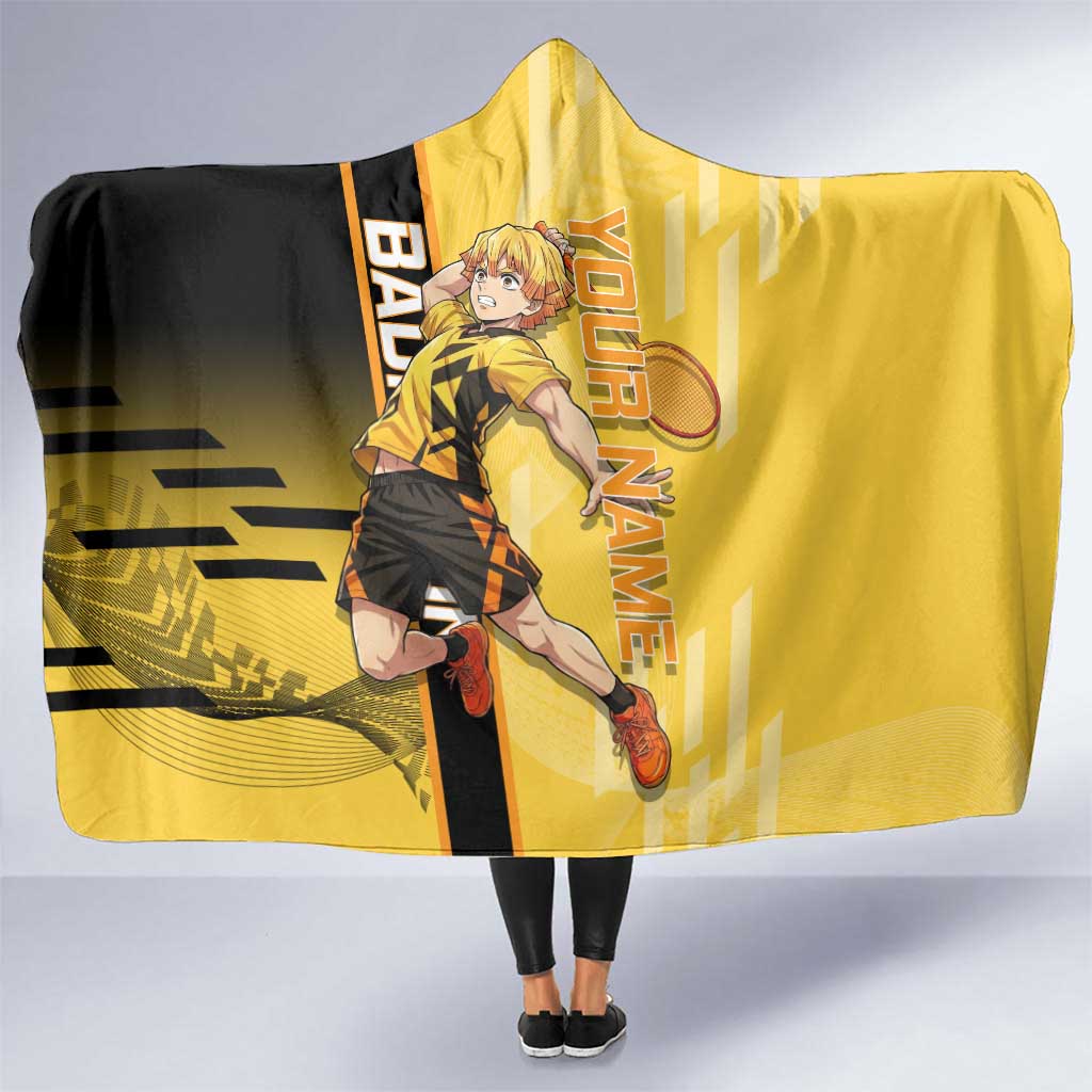 Personalized Zenitsu Agatsuki Demon Slayer Badminton Theme Hooded Blanket with Racket Action Pose and Yellow Black Graphic Design - The Mazicc
