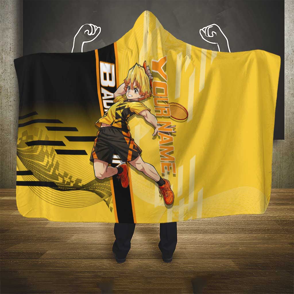 Personalized Zenitsu Agatsuki Demon Slayer Badminton Theme Hooded Blanket with Racket Action Pose and Yellow Black Graphic Design - The Mazicc