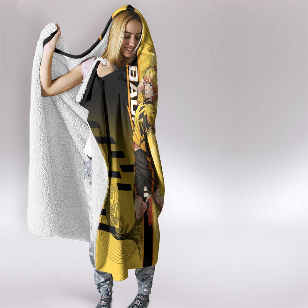 Personalized Zenitsu Agatsuki Demon Slayer Badminton Theme Hooded Blanket with Racket Action Pose and Yellow Black Graphic Design - The Mazicc