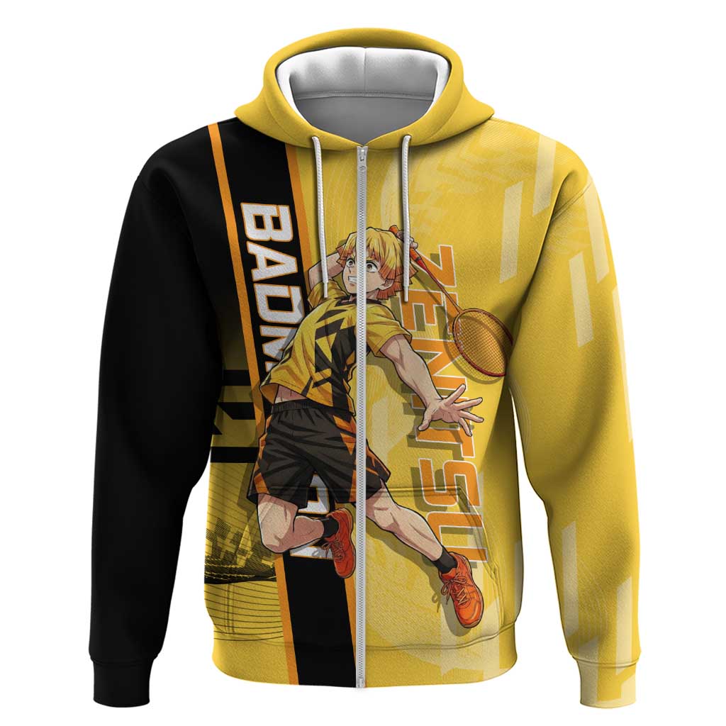 Personalized Zenitsu Agatsuki Demon Slayer Badminton Theme Hoodie with Racket Action Pose and Yellow Black Graphic Design - The Mazicc