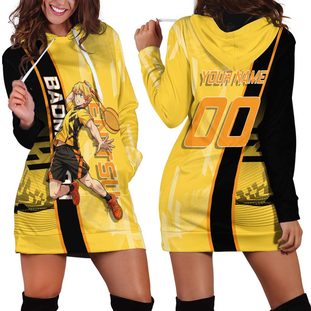 Personalized Zenitsu Agatsuki Demon Slayer Badminton Theme Hoodie Dress with Racket Action Pose and Yellow Black Graphic Design - The Mazicc
