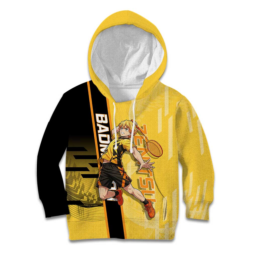 Personalized Zenitsu Agatsuki Demon Slayer Badminton Theme Kid Hoodie with Racket Action Pose and Yellow Black Graphic Design - The Mazicc