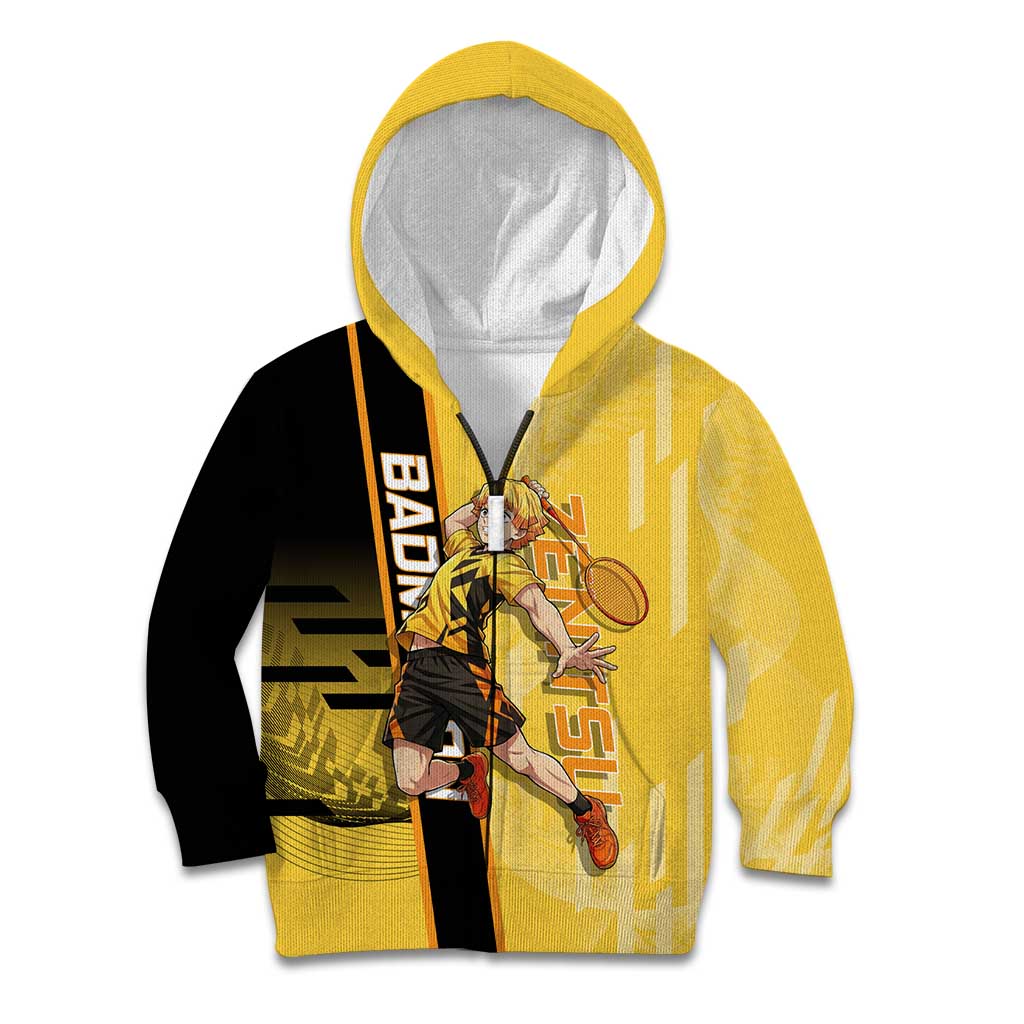Personalized Zenitsu Agatsuki Demon Slayer Badminton Theme Kid Hoodie with Racket Action Pose and Yellow Black Graphic Design - The Mazicc