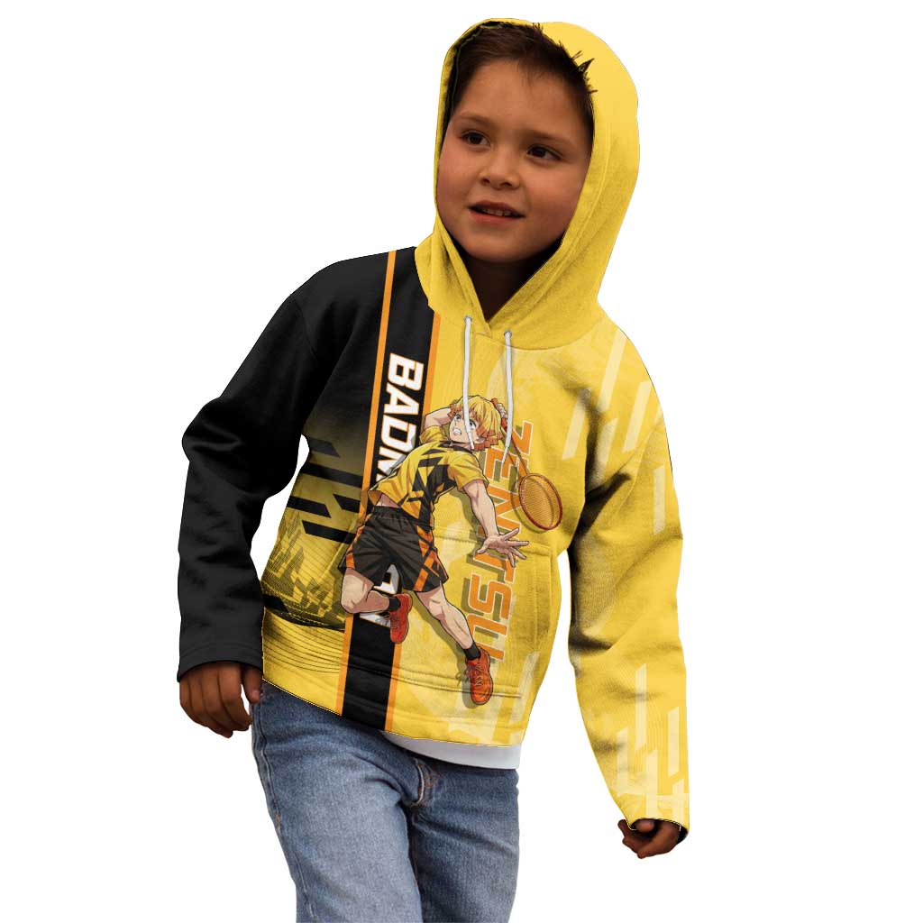 Personalized Zenitsu Agatsuki Demon Slayer Badminton Theme Kid Hoodie with Racket Action Pose and Yellow Black Graphic Design - The Mazicc