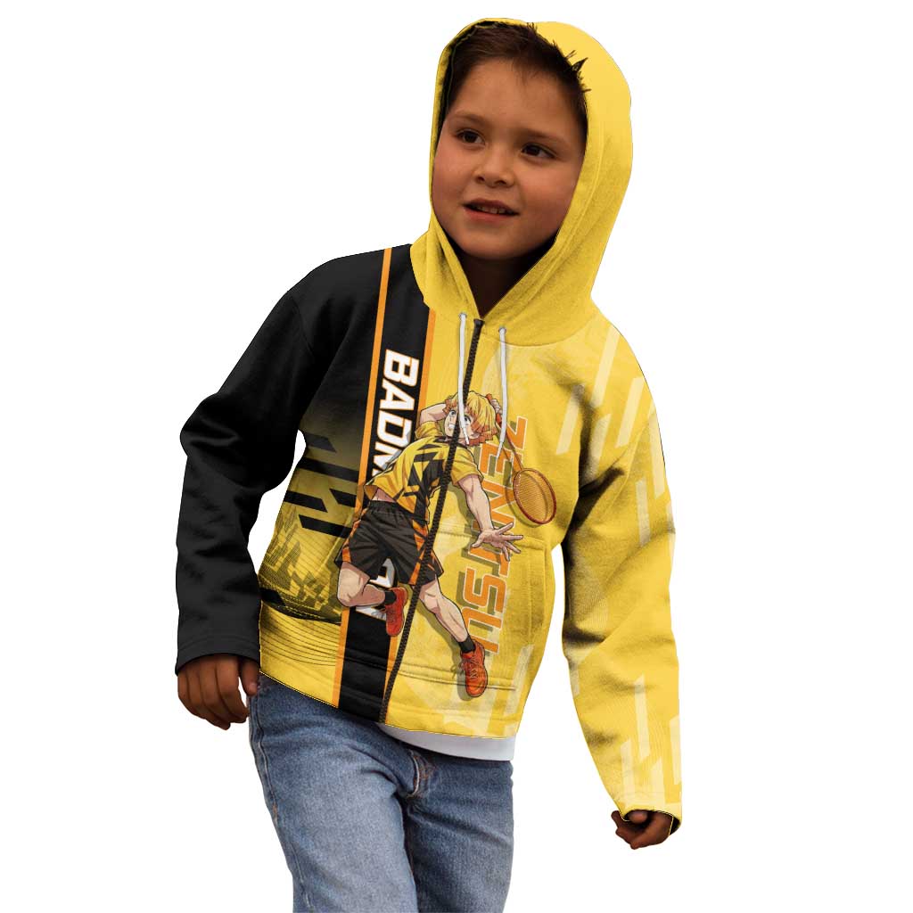 Personalized Zenitsu Agatsuki Demon Slayer Badminton Theme Kid Hoodie with Racket Action Pose and Yellow Black Graphic Design - The Mazicc