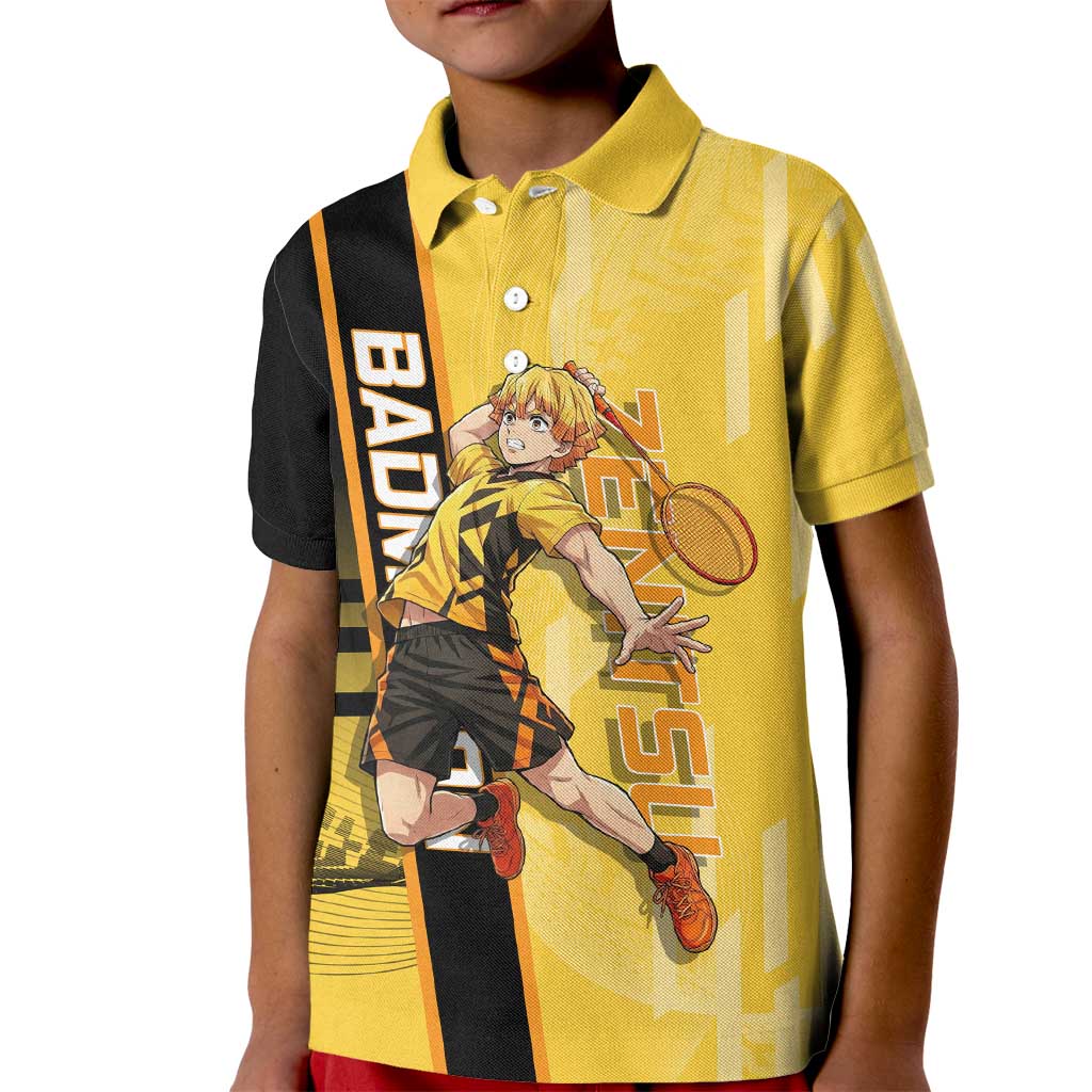 Personalized Zenitsu Agatsuki Demon Slayer Badminton Theme Kid Polo Shirt with Racket Action Pose and Yellow Black Graphic Design - The Mazicc