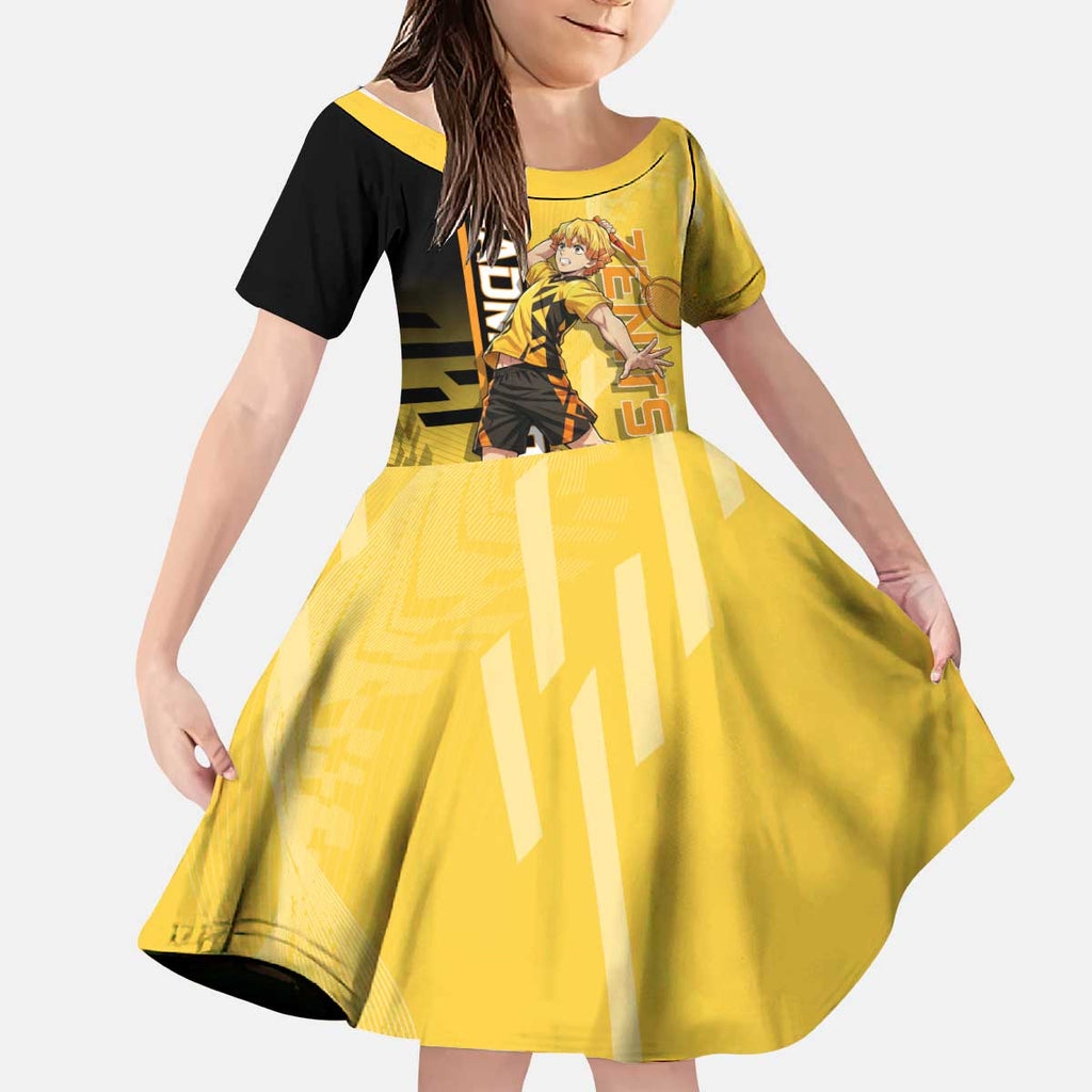 Personalized Zenitsu Agatsuki Demon Slayer Badminton Theme Kid Short Sleeve Dress with Racket Action Pose and Yellow Black Graphic Design - The Mazicc