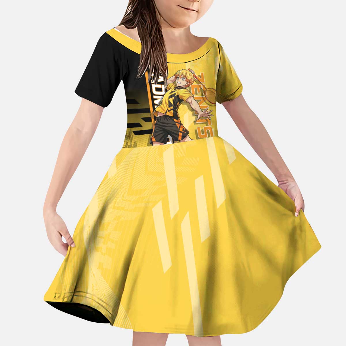 Personalized Zenitsu Agatsuki Demon Slayer Badminton Theme Kid Short Sleeve Dress with Racket Action Pose and Yellow Black Graphic Design - The Mazicc