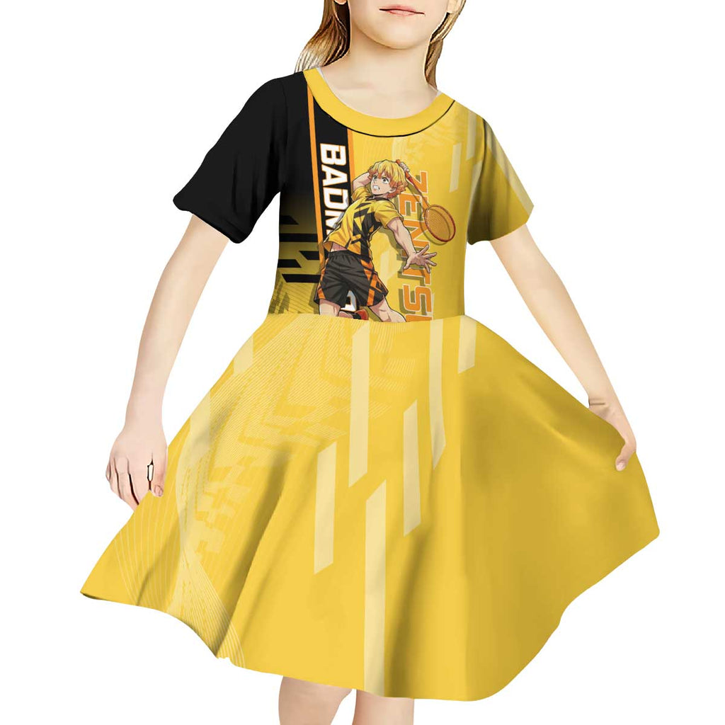 Personalized Zenitsu Agatsuki Demon Slayer Badminton Theme Kid Short Sleeve Dress with Racket Action Pose and Yellow Black Graphic Design - The Mazicc