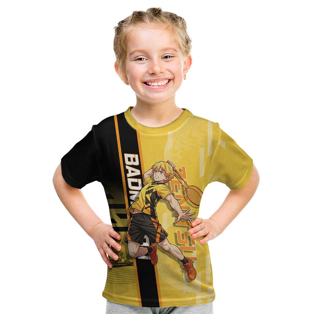 Personalized Zenitsu Agatsuki Demon Slayer Badminton Theme Kid T Shirt with Racket Action Pose and Yellow Black Graphic Design - The Mazicc