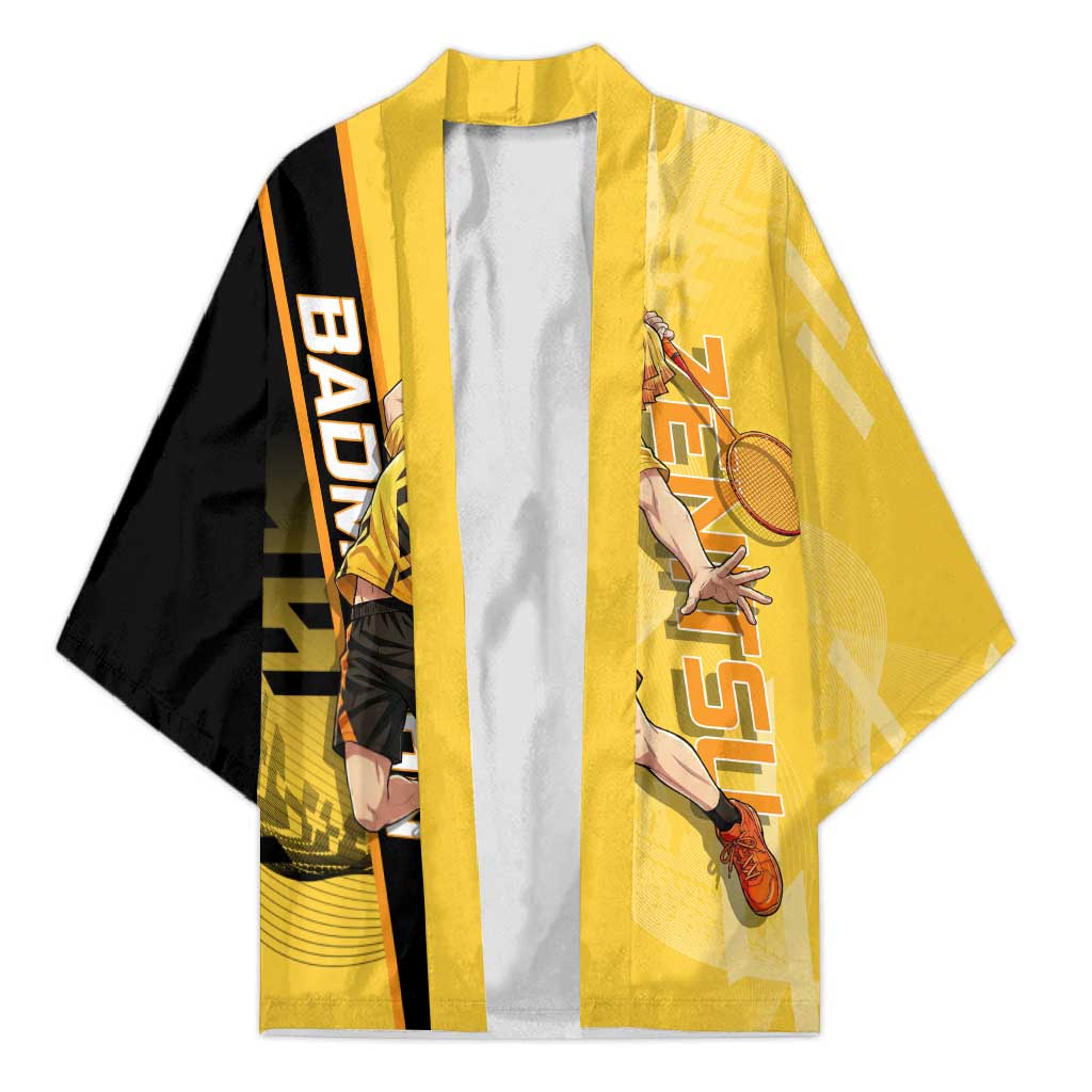 Personalized Zenitsu Agatsuki Demon Slayer Badminton Theme Kimono with Racket Action Pose and Yellow Black Graphic Design - The Mazicc
