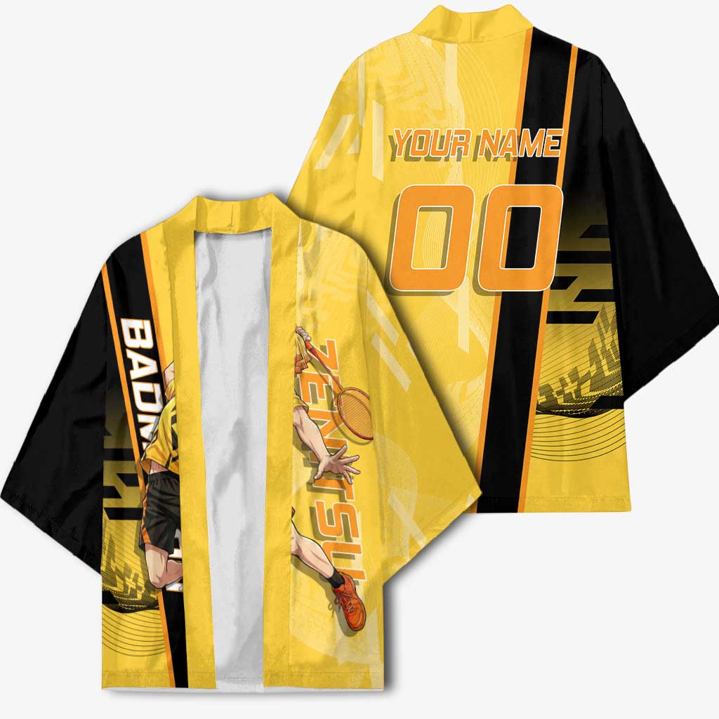 Personalized Zenitsu Agatsuki Demon Slayer Badminton Theme Kimono with Racket Action Pose and Yellow Black Graphic Design - The Mazicc