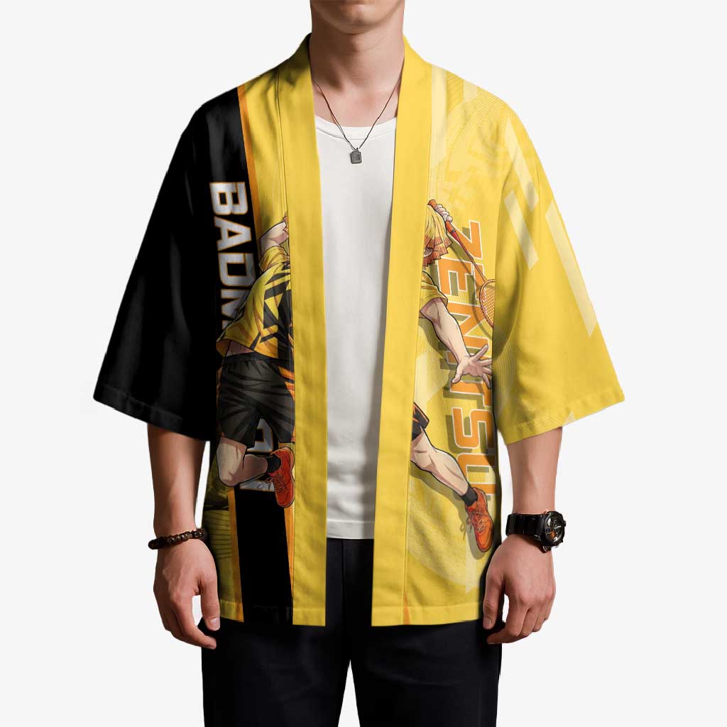 Personalized Zenitsu Agatsuki Demon Slayer Badminton Theme Kimono with Racket Action Pose and Yellow Black Graphic Design - The Mazicc