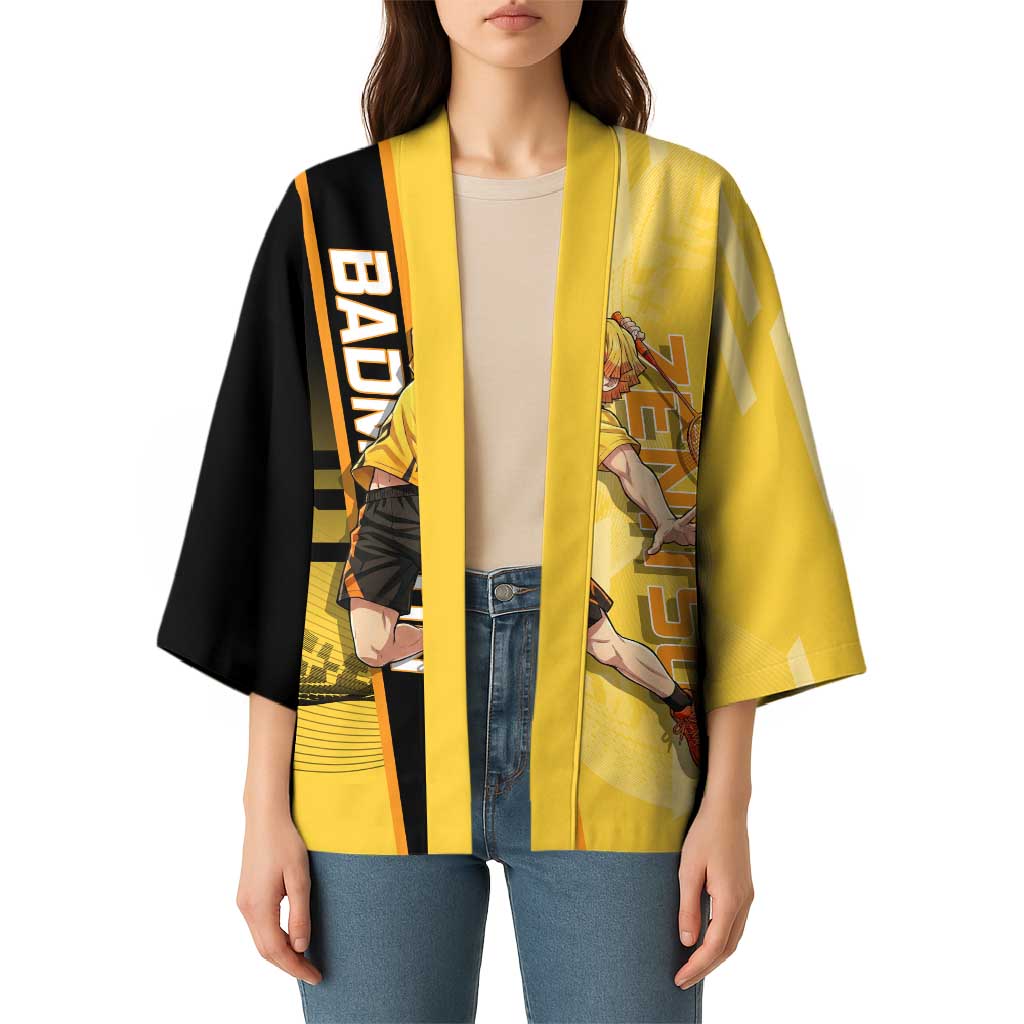 Personalized Zenitsu Agatsuki Demon Slayer Badminton Theme Kimono with Racket Action Pose and Yellow Black Graphic Design - The Mazicc