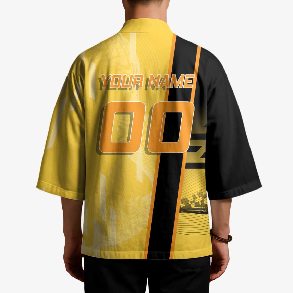 Personalized Zenitsu Agatsuki Demon Slayer Badminton Theme Kimono with Racket Action Pose and Yellow Black Graphic Design - The Mazicc