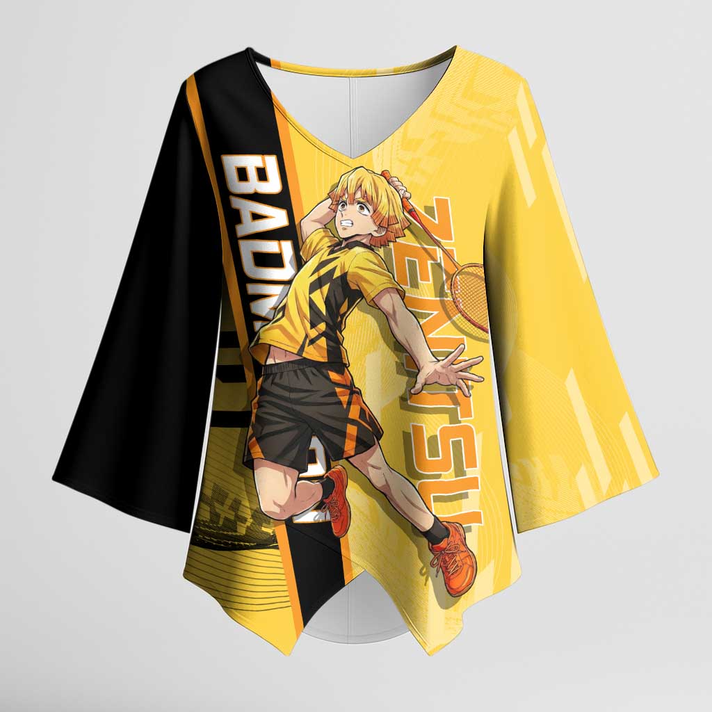 Personalized Zenitsu Agatsuki Demon Slayer Badminton Theme Kimono Sleeve Blouse with Racket Action Pose and Yellow Black Graphic Design - The Mazicc