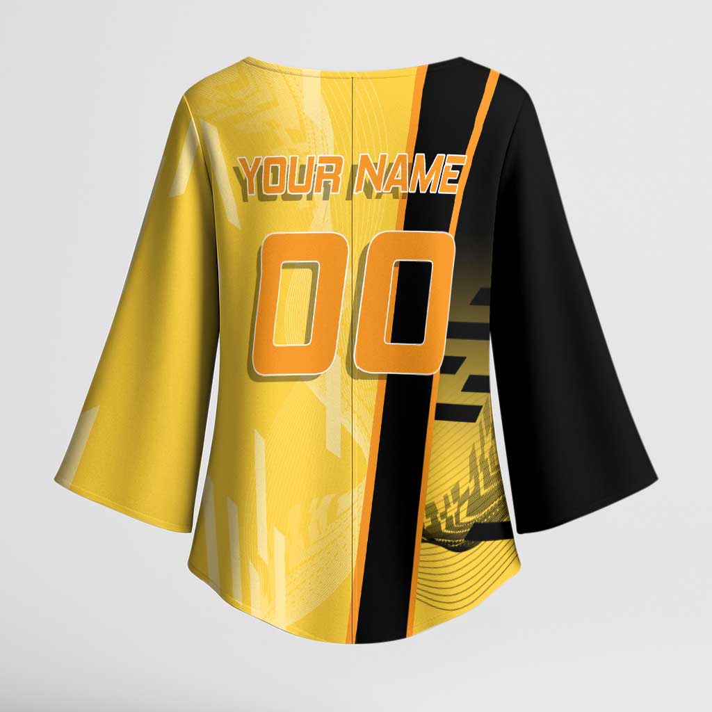 Personalized Zenitsu Agatsuki Demon Slayer Badminton Theme Kimono Sleeve Blouse with Racket Action Pose and Yellow Black Graphic Design - The Mazicc