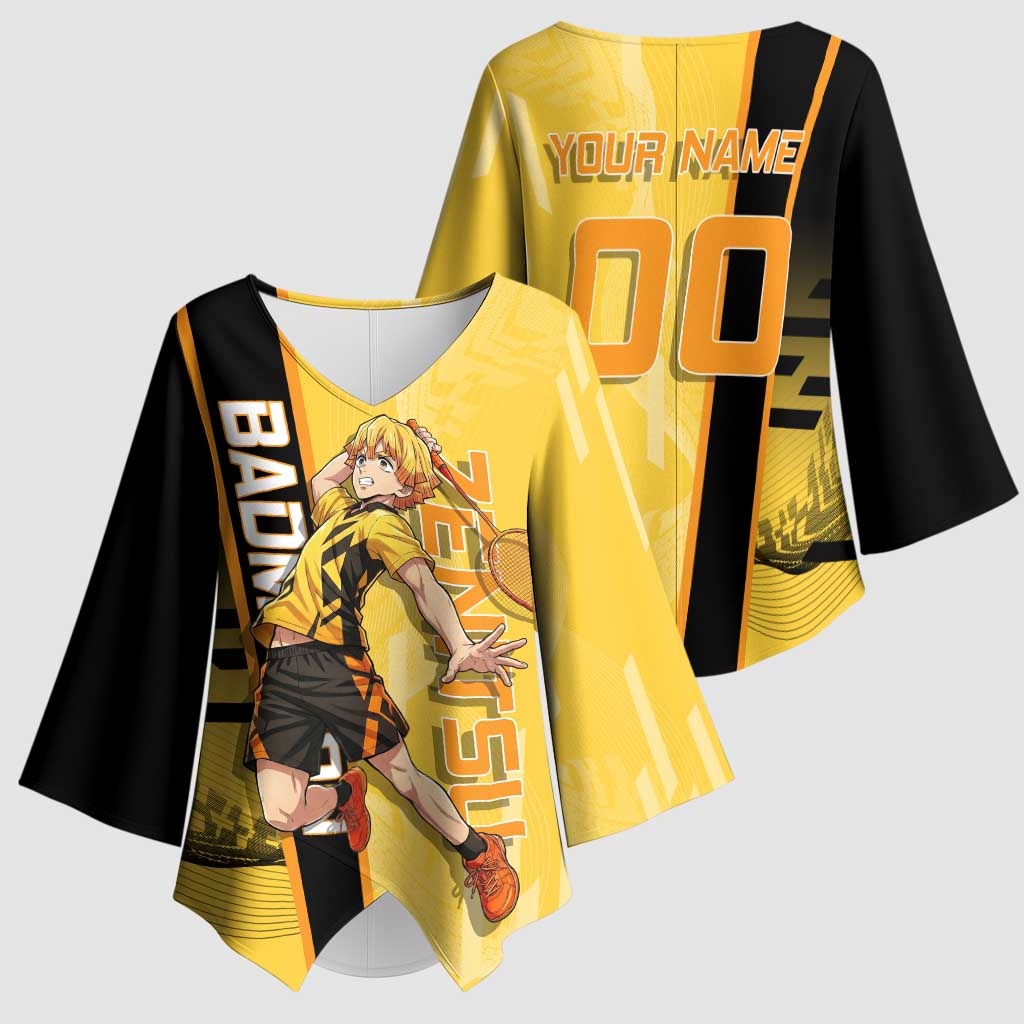 Personalized Zenitsu Agatsuki Demon Slayer Badminton Theme Kimono Sleeve Blouse with Racket Action Pose and Yellow Black Graphic Design - The Mazicc