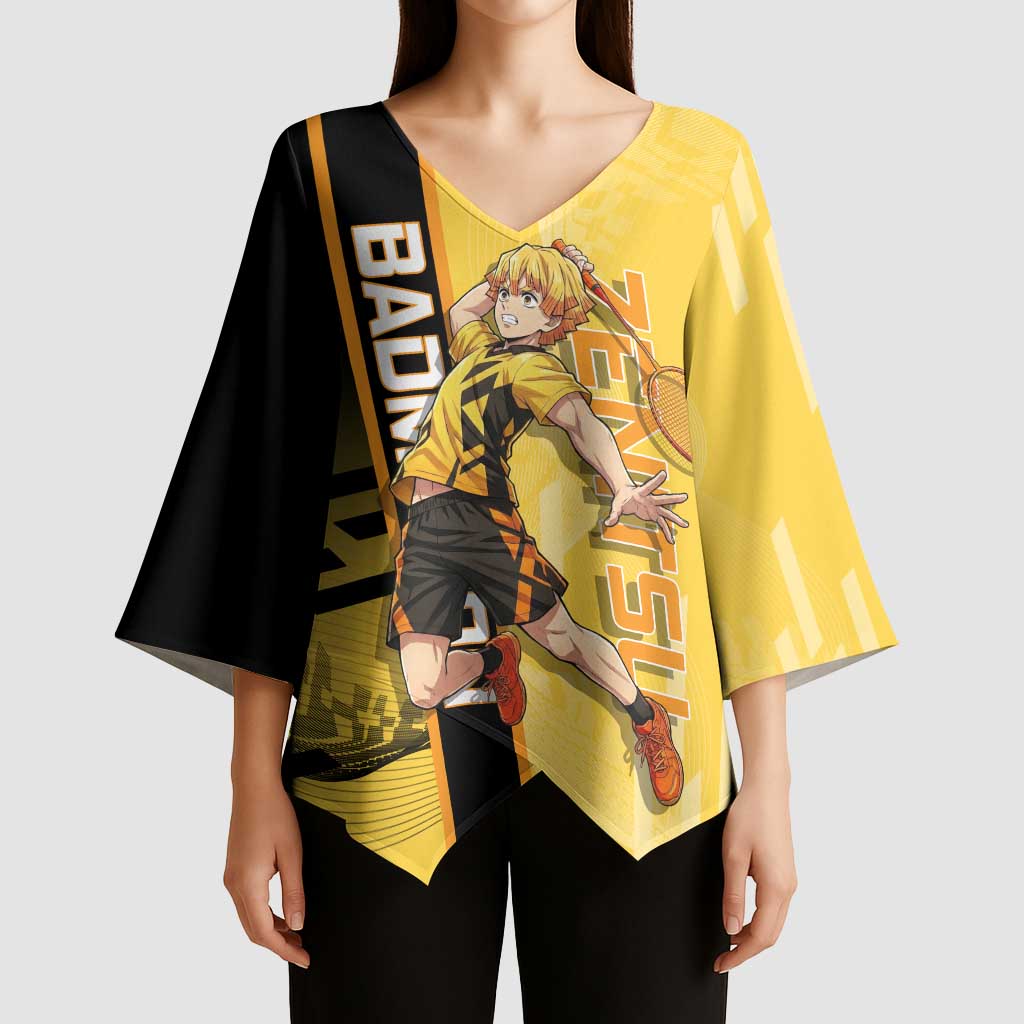 Personalized Zenitsu Agatsuki Demon Slayer Badminton Theme Kimono Sleeve Blouse with Racket Action Pose and Yellow Black Graphic Design - The Mazicc