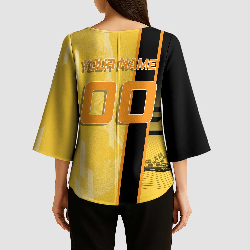 Personalized Zenitsu Agatsuki Demon Slayer Badminton Theme Kimono Sleeve Blouse with Racket Action Pose and Yellow Black Graphic Design - The Mazicc