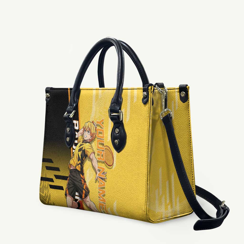 Personalized Zenitsu Agatsuki Demon Slayer Badminton Theme Leather Bag with Racket Action Pose and Yellow Black Graphic Design - The Mazicc