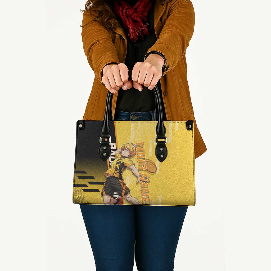 Personalized Zenitsu Agatsuki Demon Slayer Badminton Theme Leather Bag with Racket Action Pose and Yellow Black Graphic Design - The Mazicc