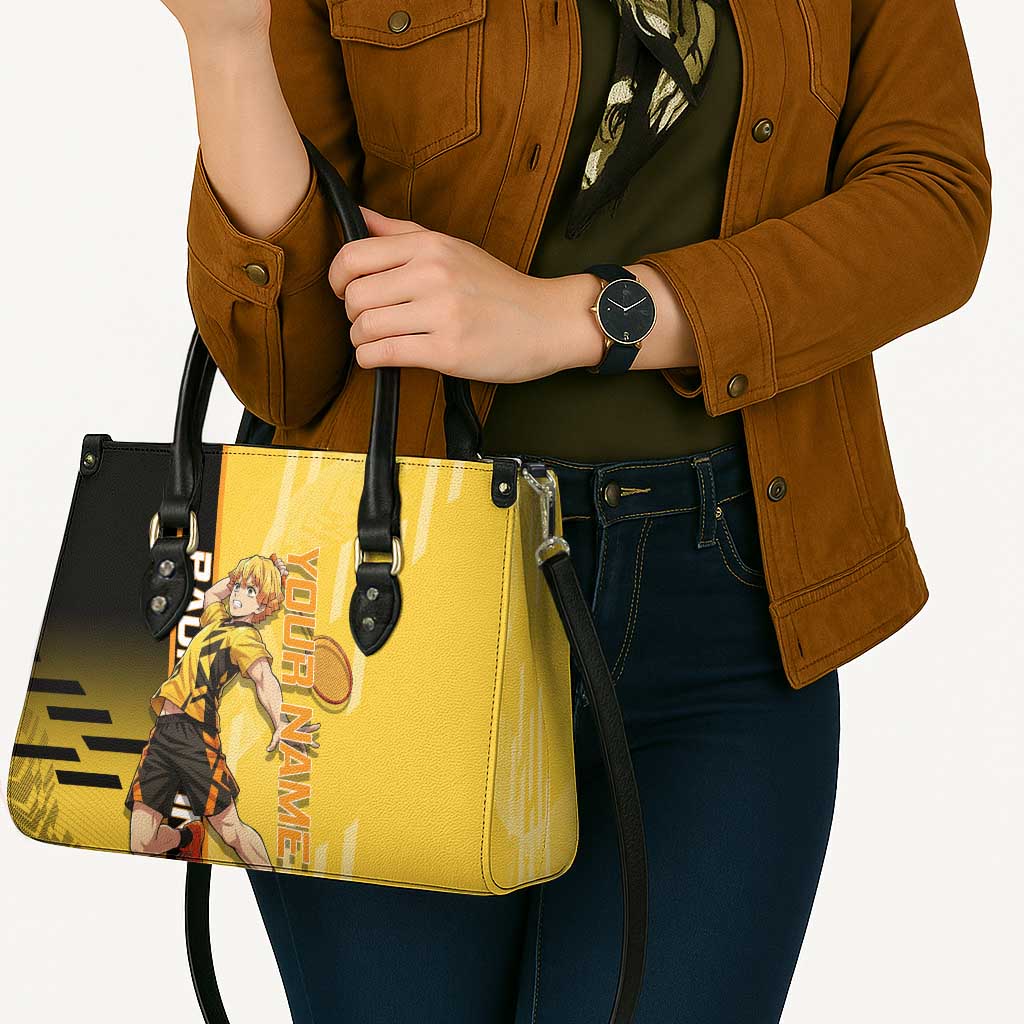 Personalized Zenitsu Agatsuki Demon Slayer Badminton Theme Leather Bag with Racket Action Pose and Yellow Black Graphic Design - The Mazicc