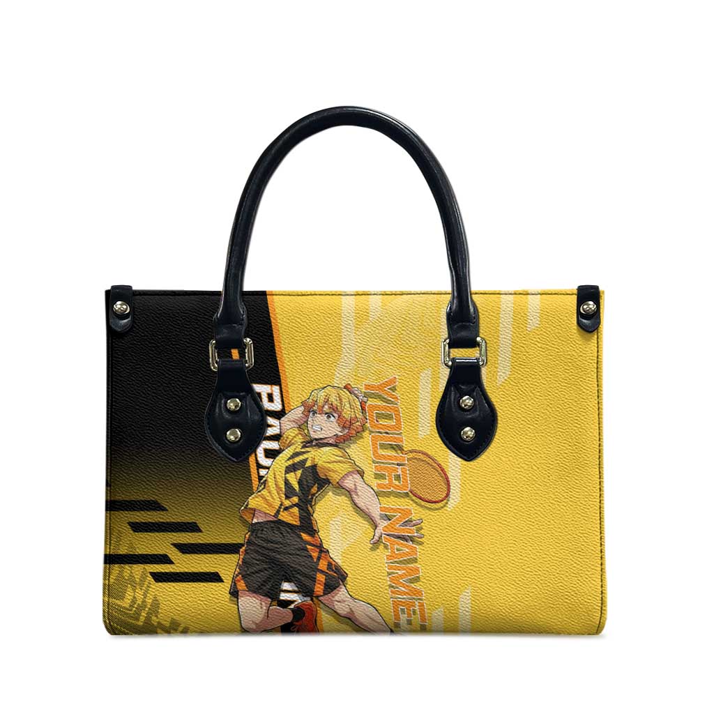 Personalized Zenitsu Agatsuki Demon Slayer Badminton Theme Leather Bag with Racket Action Pose and Yellow Black Graphic Design - The Mazicc
