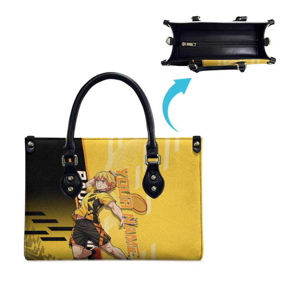 Personalized Zenitsu Agatsuki Demon Slayer Badminton Theme Leather Bag with Racket Action Pose and Yellow Black Graphic Design - The Mazicc