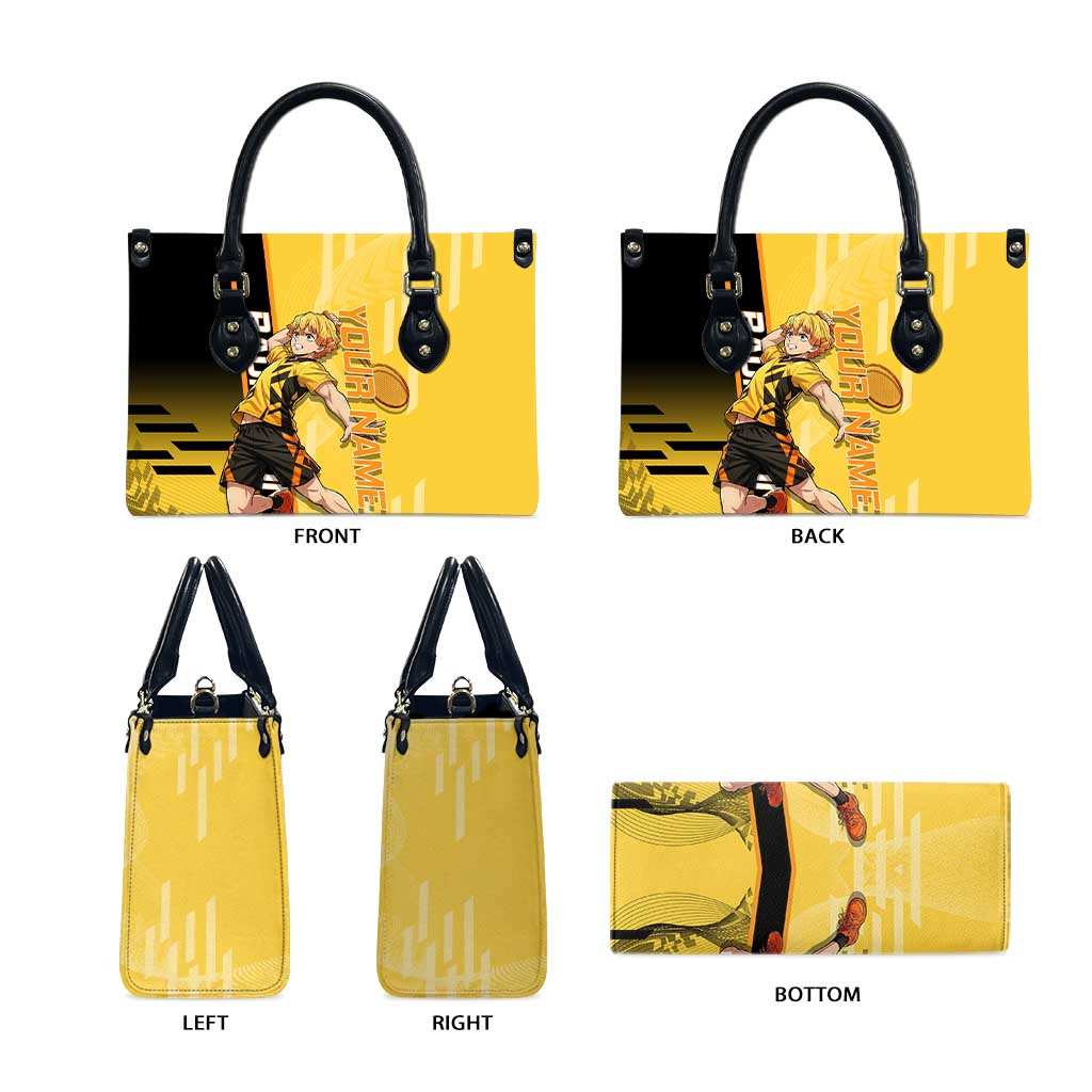 Personalized Zenitsu Agatsuki Demon Slayer Badminton Theme Leather Bag with Racket Action Pose and Yellow Black Graphic Design - The Mazicc
