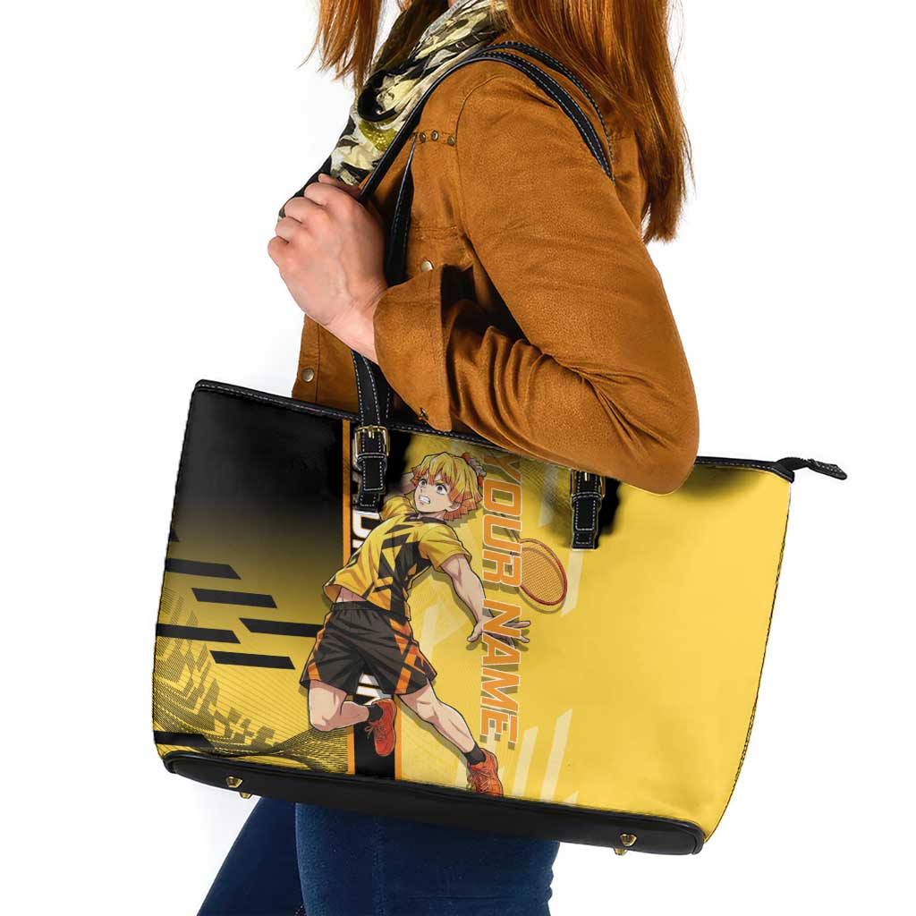 Personalized Zenitsu Agatsuki Demon Slayer Badminton Theme Leather Tote Bag with Racket Action Pose and Yellow Black Graphic Design - The Mazicc