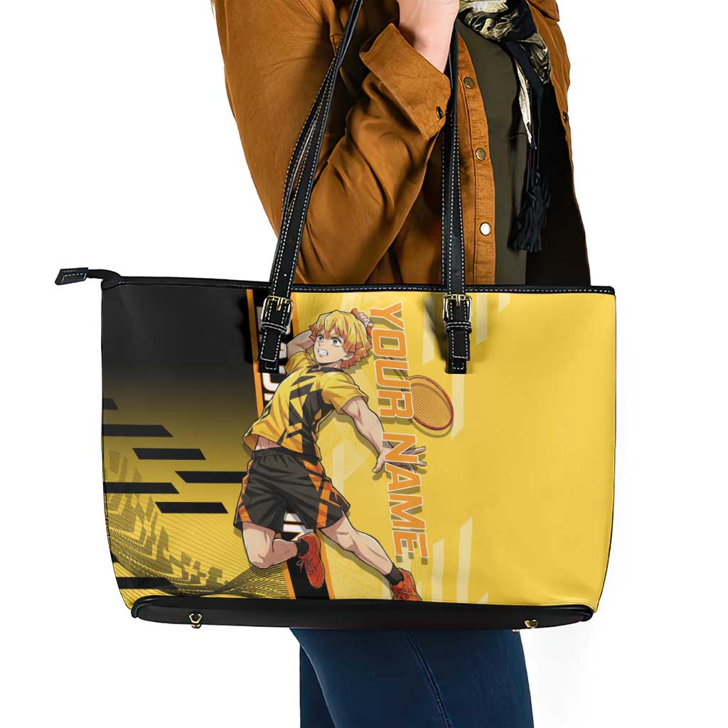 Personalized Zenitsu Agatsuki Demon Slayer Badminton Theme Leather Tote Bag with Racket Action Pose and Yellow Black Graphic Design - The Mazicc