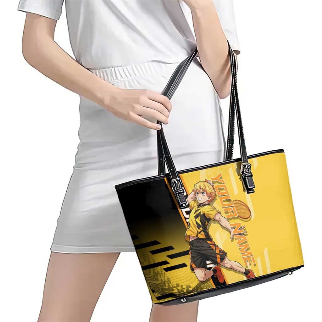 Personalized Zenitsu Agatsuki Demon Slayer Badminton Theme Leather Tote Bag with Racket Action Pose and Yellow Black Graphic Design - The Mazicc