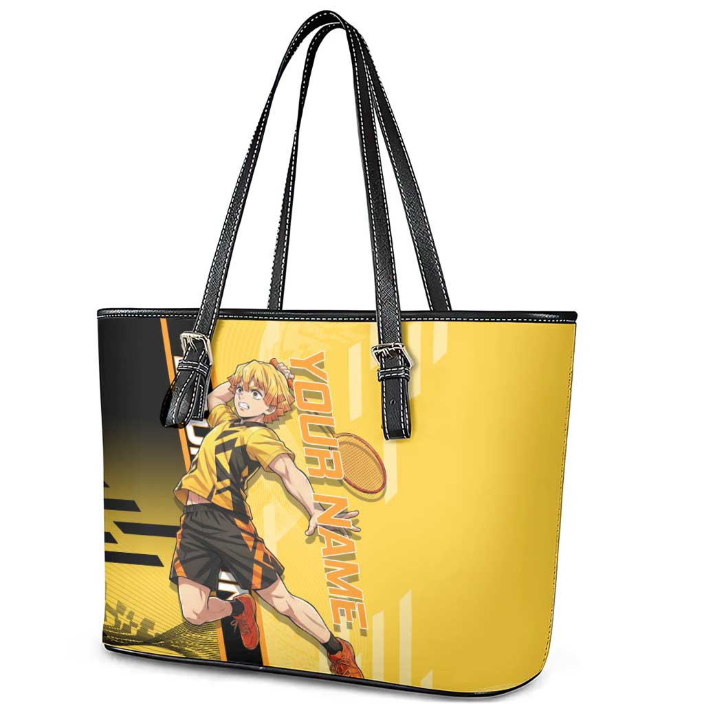 Personalized Zenitsu Agatsuki Demon Slayer Badminton Theme Leather Tote Bag with Racket Action Pose and Yellow Black Graphic Design - The Mazicc