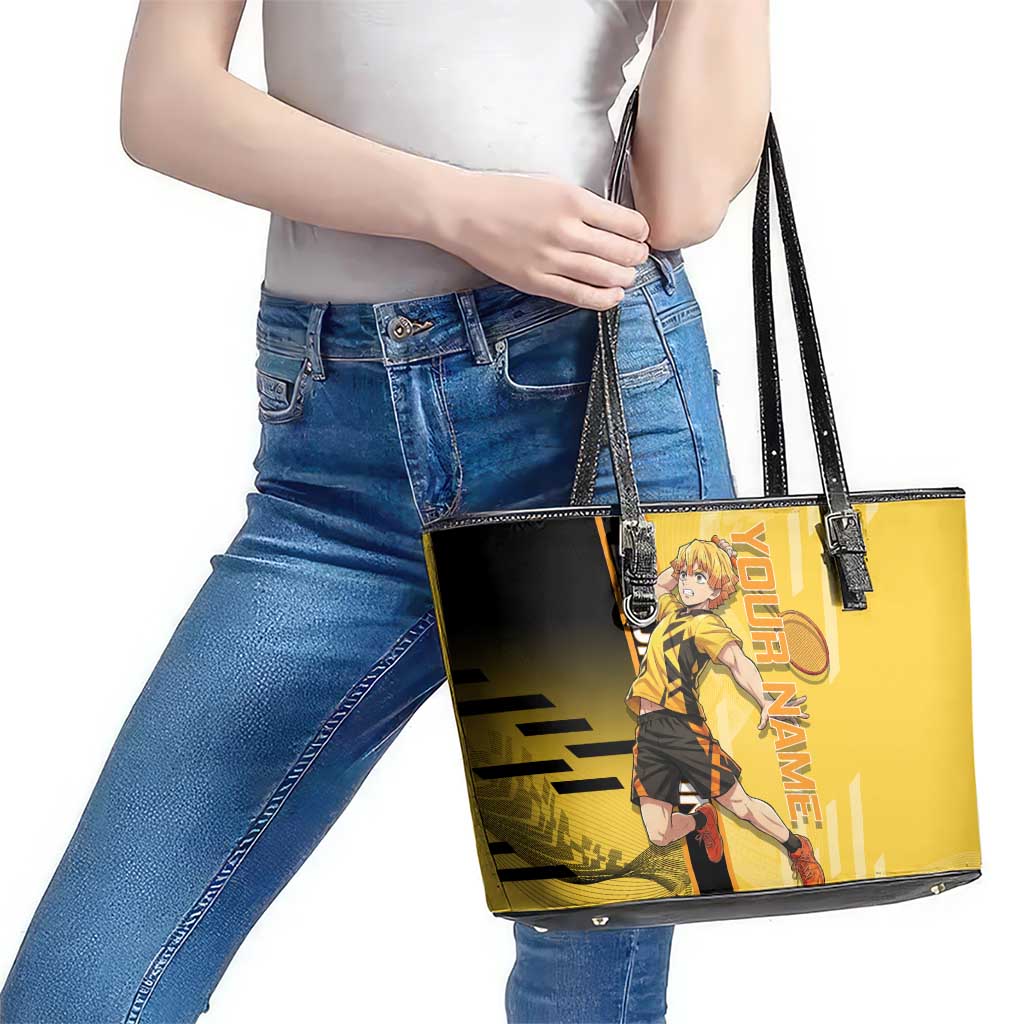 Personalized Zenitsu Agatsuki Demon Slayer Badminton Theme Leather Tote Bag with Racket Action Pose and Yellow Black Graphic Design - The Mazicc